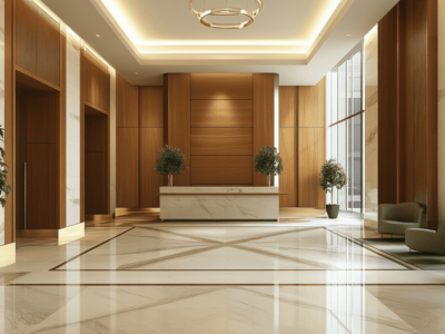 pomieszczenie z jasnymi płytkami i sufitem podwieszanym