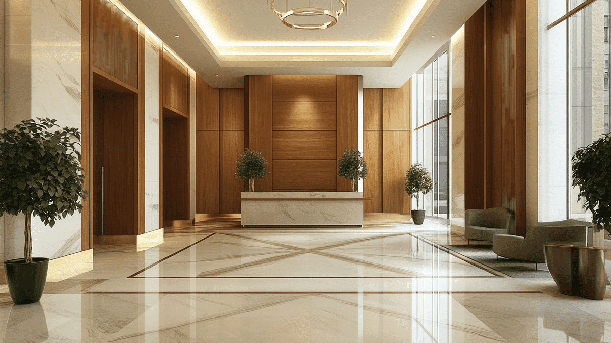 pomieszczenie z jasnymi płytkami i sufitem podwieszanym