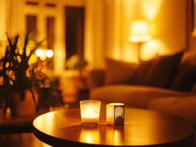 salon z ciepłym światłem i świeczką na stole