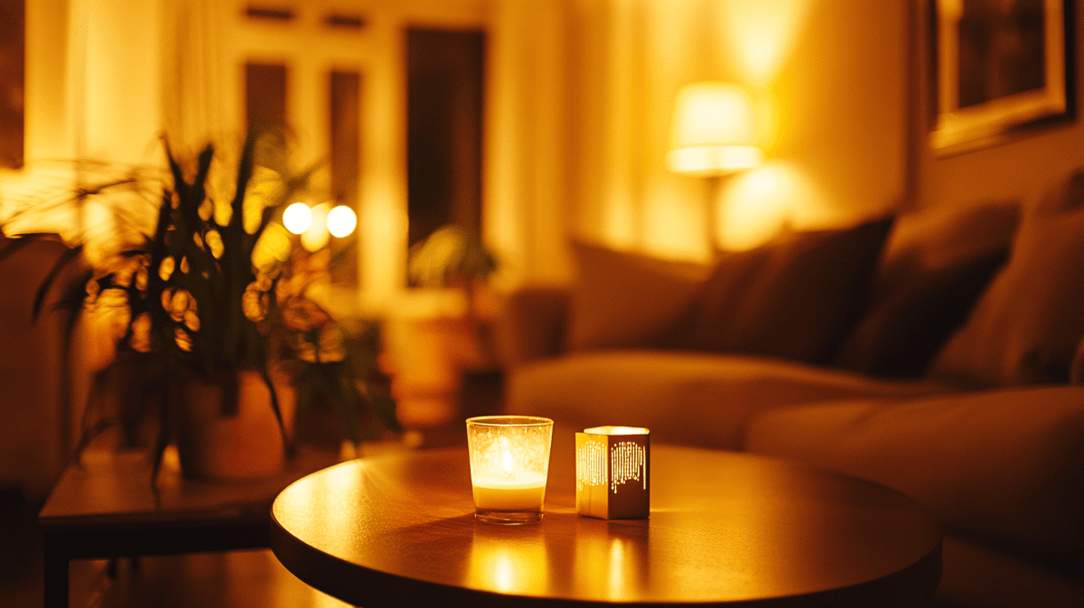 salon z ciepłym światłem i świeczką na stole